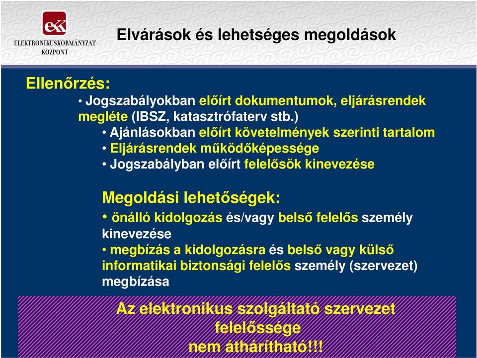 kinevezése Megoldási lehetıségek: önálló kidolgozás és/vagy belsı felelıs személy kinevezése megbízás a kidolgozásra és belsı