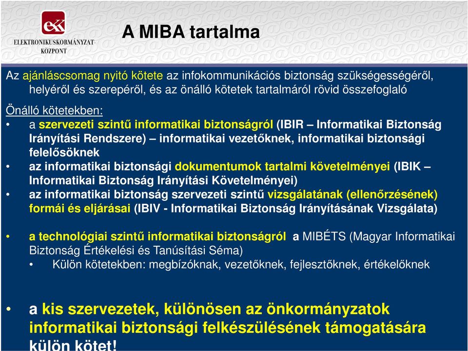 tartalmi követelményei (IBIK Informatikai Biztonság Irányítási Követelményei) az informatikai biztonság szervezeti szintő vizsgálatának (ellenırzésének) formái és eljárásai (IBIV - Informatikai