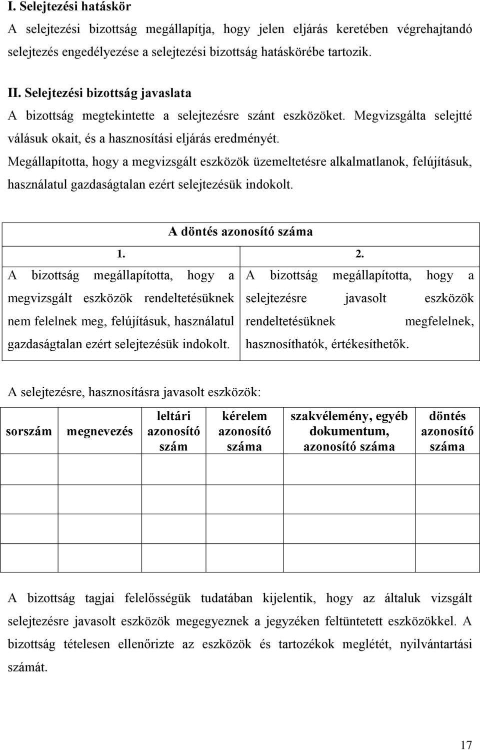 Megállapította, hogy a megvizsgált eszközök üzemeltetésre alkalmatlanok, felújításuk, használatul gazdaságtalan ezért selejtezésük indokolt. A döntés azonosító száma 1. 2.