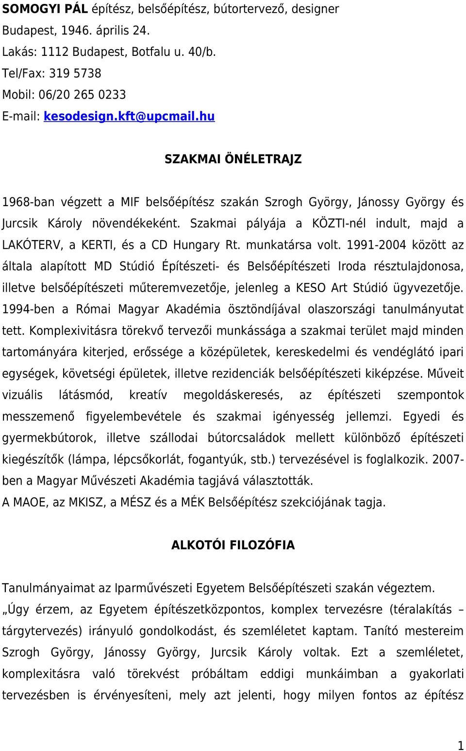 Szakmai pályája a KÖZTI-nél indult, majd a LAKÓTERV, a KERTI, és a CD Hungary Rt. munkatársa volt.