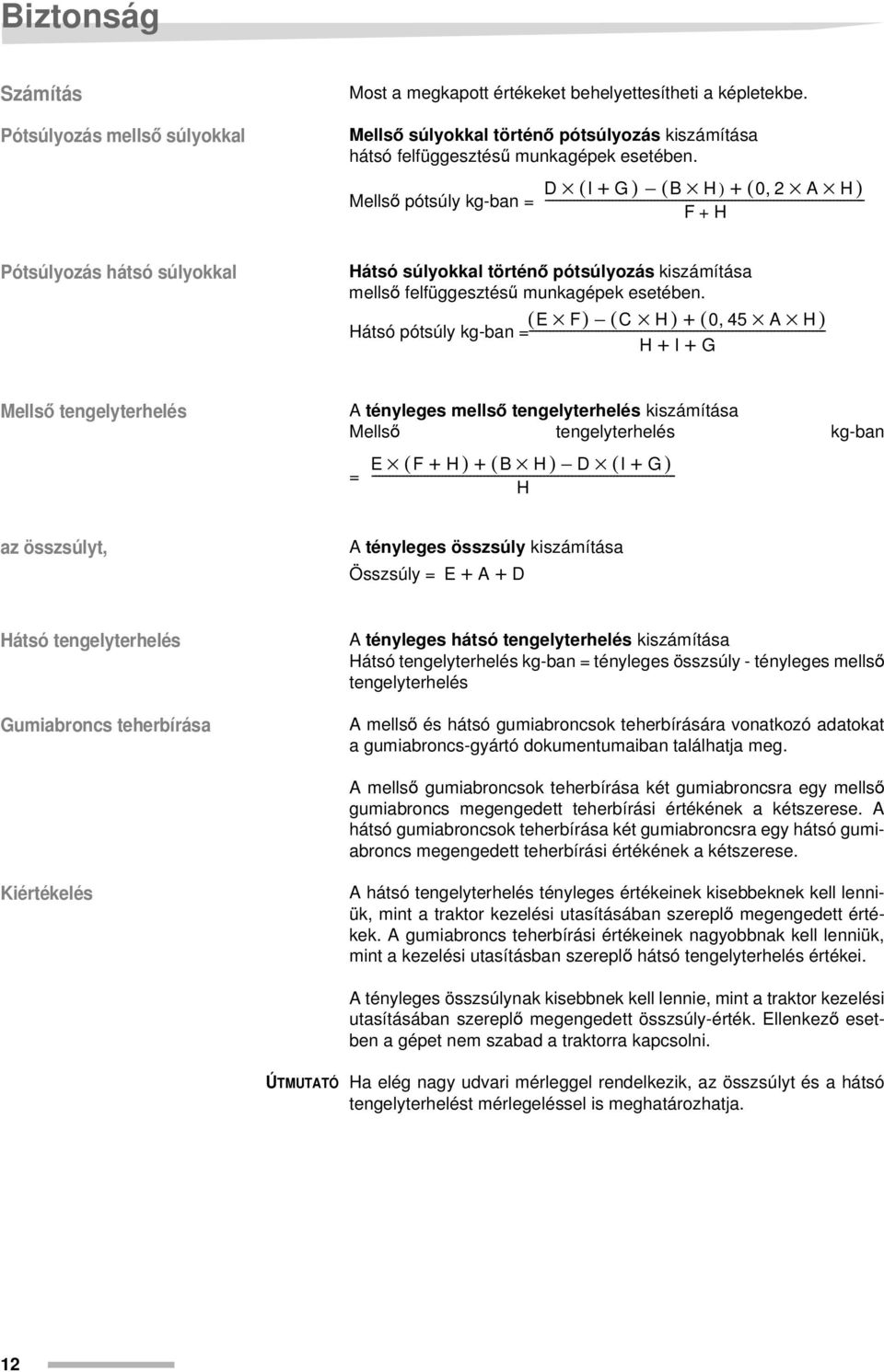 történő pótsúlyozás kiszámítása mellső felfüggesztésű munkagépek esetében.