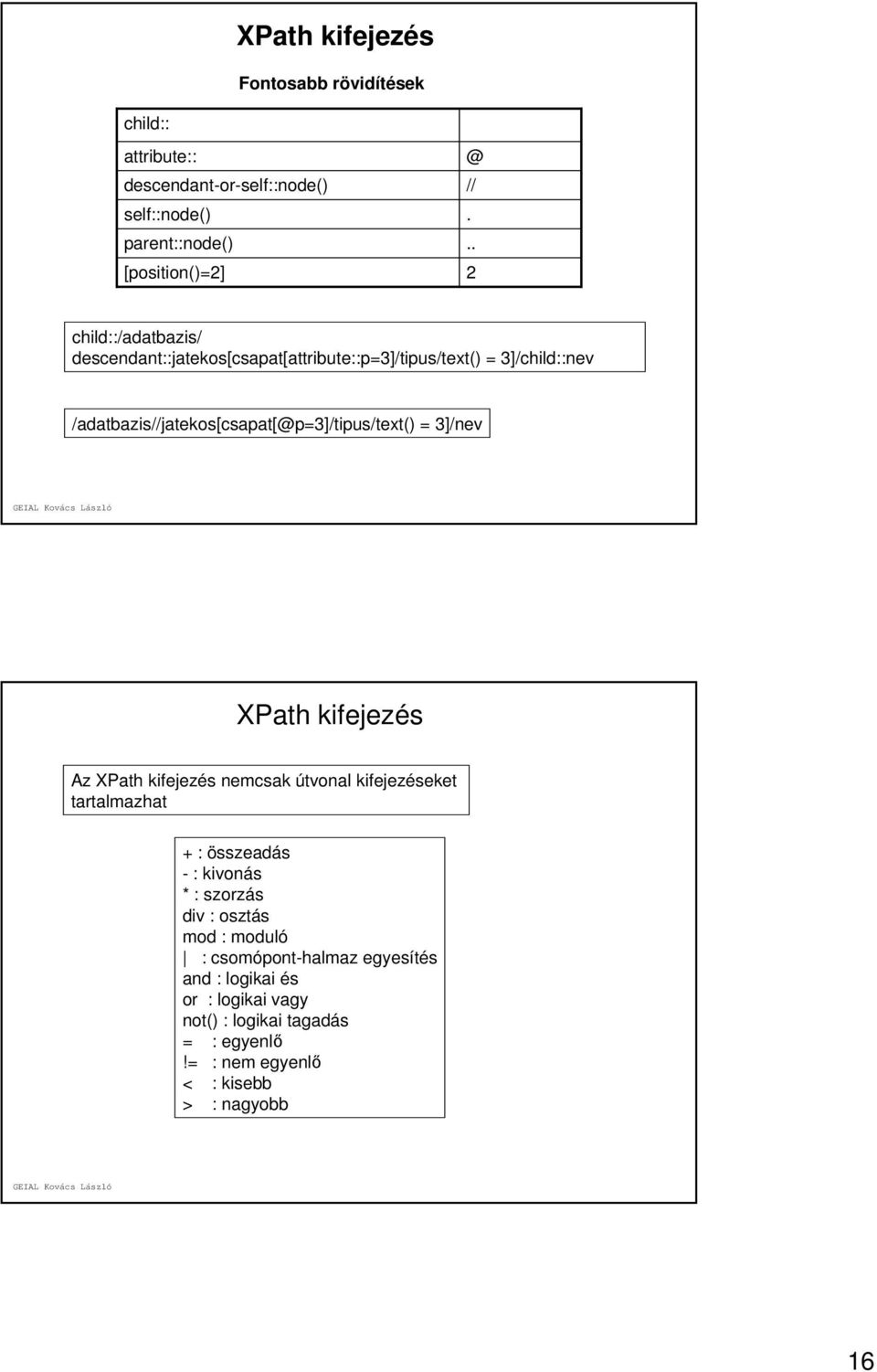= 3]/nev XPath kifejezés Az XPath kifejezés nemcsak útvonal kifejezéseket tartalmazhat + : összeadás - : kivonás * : szorzás div : osztás mod