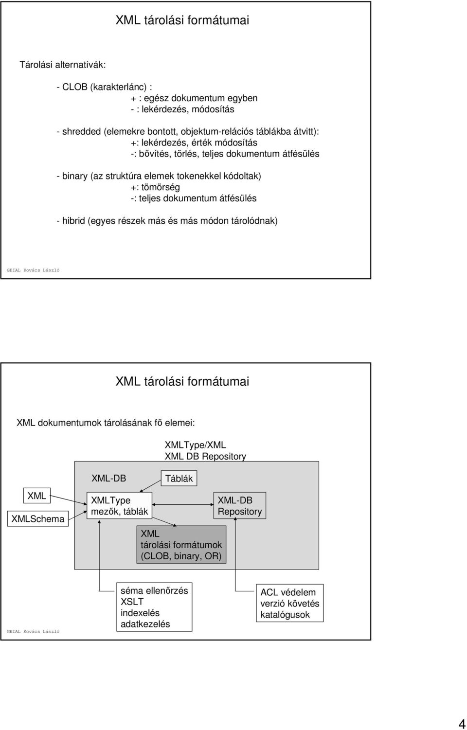 dokumentum átfésülés - hibrid (egyes részek más és más módon tárolódnak) XML tárolási formátumai XML dokumentumok tárolásának fő elemei: XMLType/XML XML DB Repository XML