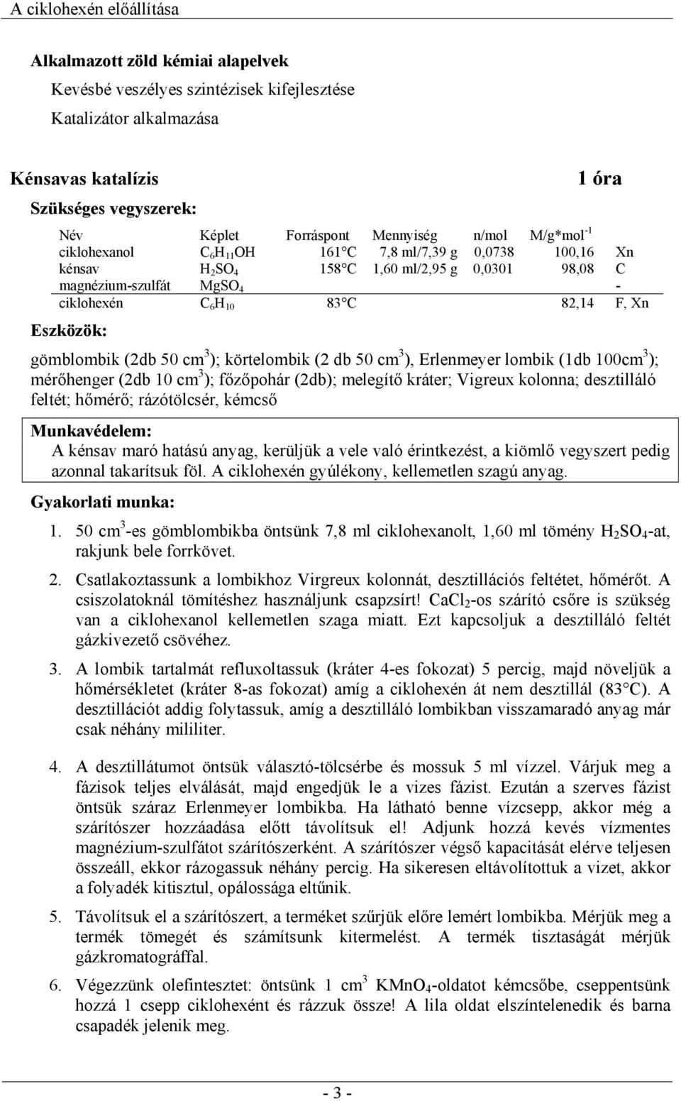 cm 3 ); körtelombik (2 db 50 cm 3 ), Erlenmeyer lombik (1db 100cm 3 ); mérőhenger (2db 10 cm 3 ); főzőpohár (2db); melegítő kráter; Vigreux kolonna; desztilláló feltét; hőmérő; rázótölcsér, kémcső