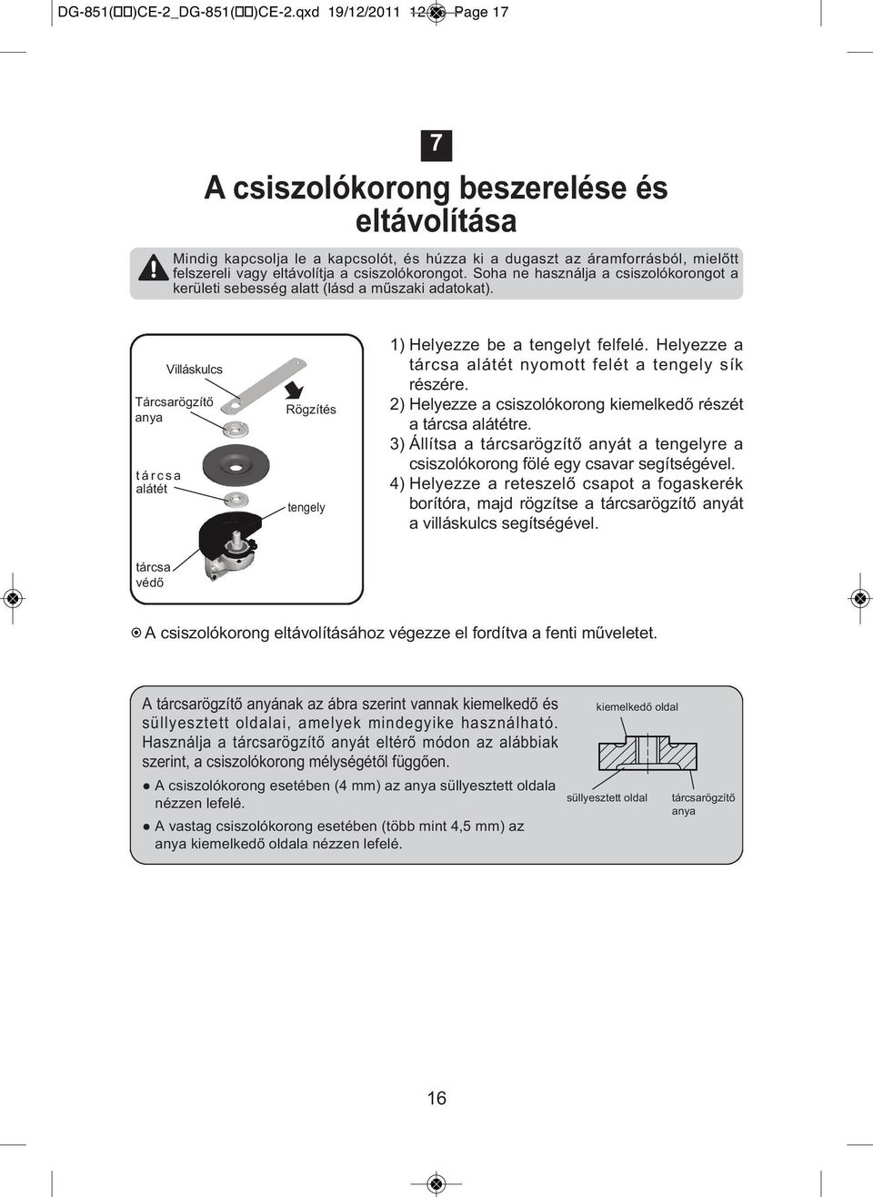 csiszolókorongot. Soha ne használja a csiszolókorongot a kerületi sebesség alatt (lásd a műszaki adatokat).