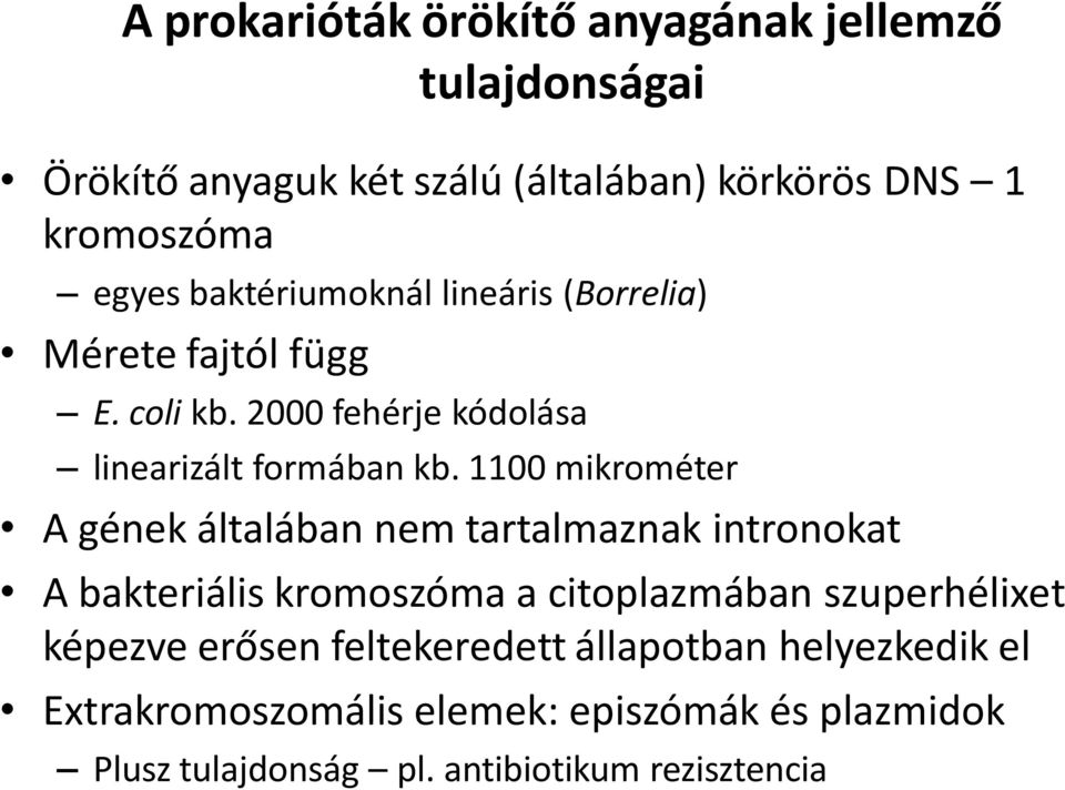 1100 mikrométer A gének általában nem tartalmaznak intronokat A bakteriális kromoszóma a citoplazmában szuperhélixet képezve