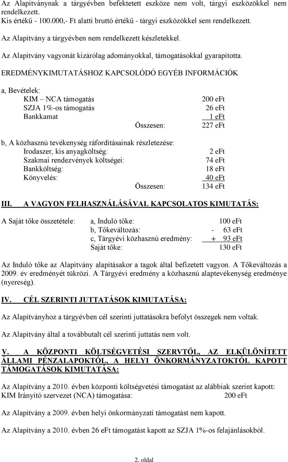 EREDMÉNYKIMUTATÁSHOZ KAPCSOLÓDÓ EGYÉB INFORMÁCIÓK a, Bevételek: KIM NCA támogatás SZJA 1%-os támogatás Bankkamat Összesen: 200 eft 26 eft 1 eft 227 eft b, A közhasznú tevékenység ráfordításainak