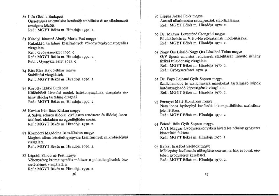 . : Gyógyszerészet 1972 9 84 Kiss Elza Hajdú-Bihar megye Stabilitási vizsgálatok Ref: MGYT Békés m Híradója 1970 2 85 Korbély Ildikó Budapest Különböző kivonási módok hatékonyságának vizsgálata