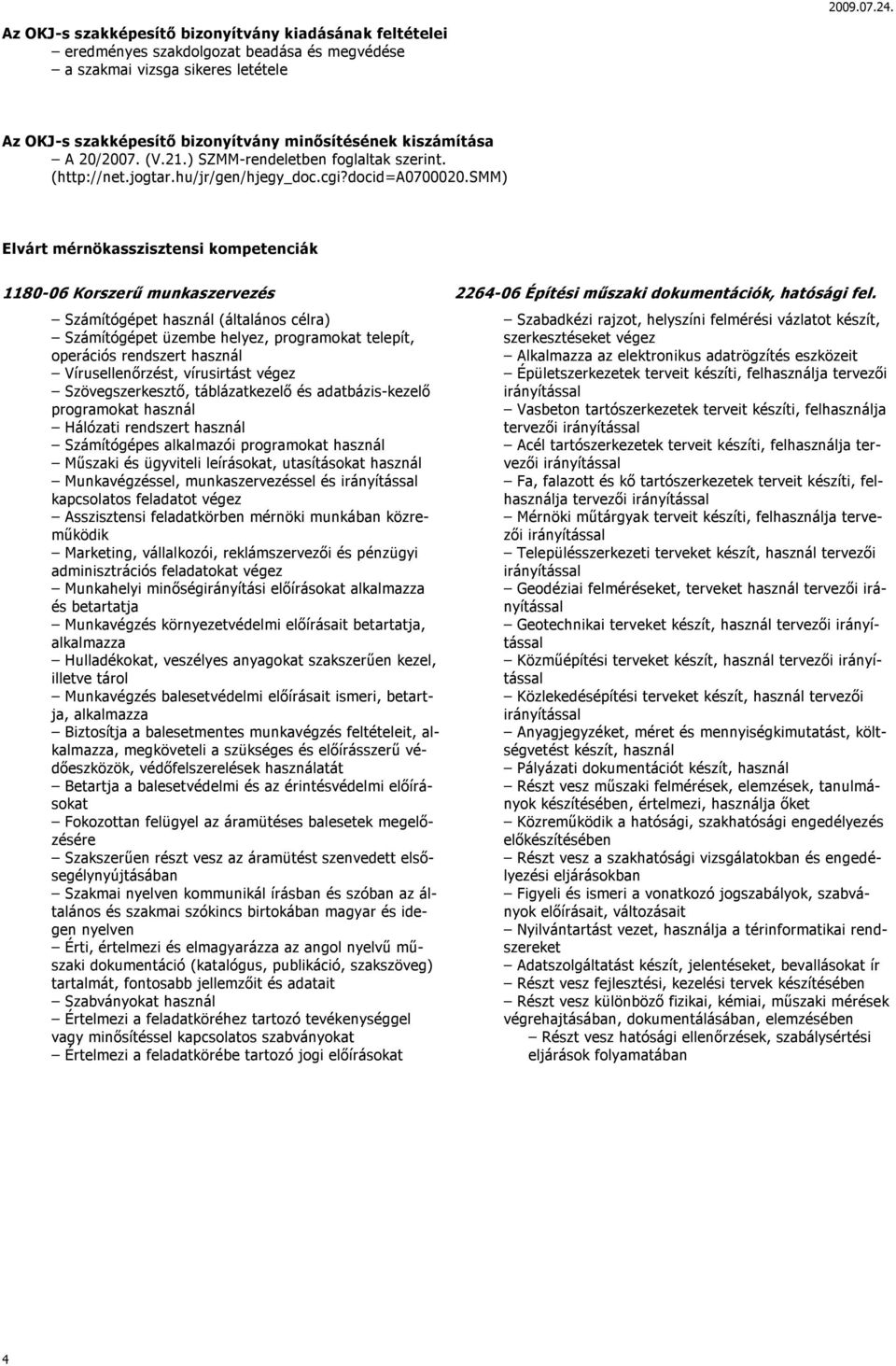 smm) Elvárt mérnökasszisztensi kompetenciák 1180-06 Korszerű munkaszervezés 2264-06 Építési műszaki dokumentációk, hatósági fel.