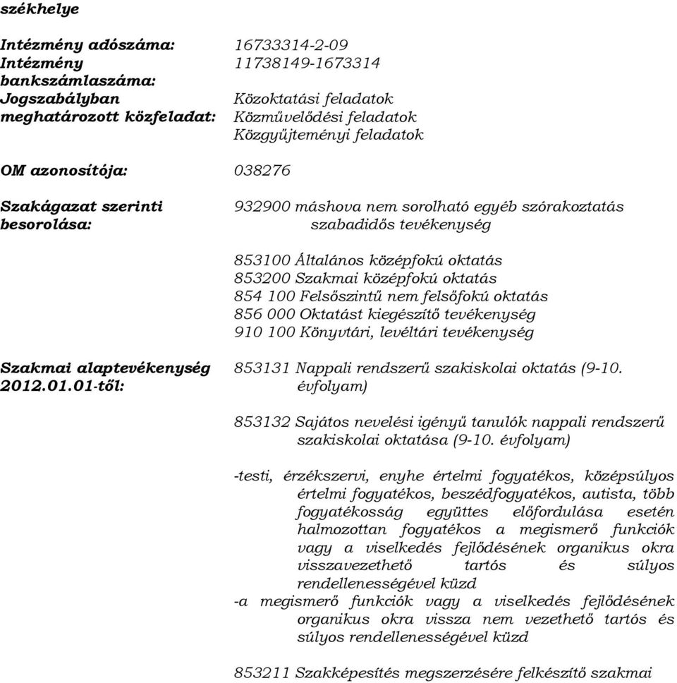 100 Felsőszintű nem felsőfokú oktatás 856 000 Oktatást kiegészítő tevékenység 910 100 Könyvtári, levéltári tevékenység Szakmai alaptevékenység 2012