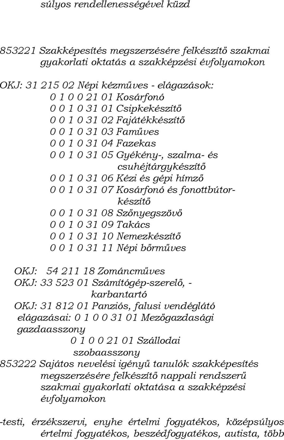 Kosárfonó és fonottbútorkészítő 0 0 1 0 31 08 Szőnyegszövő 0 0 1 0 31 09 Takács 0 0 1 0 31 10 Nemezkészítő 0 0 1 0 31 11 Népi bőrműves OKJ: 54 211 18 Zománcműves OKJ: 33 523 01 Számítógép-szerelő, -