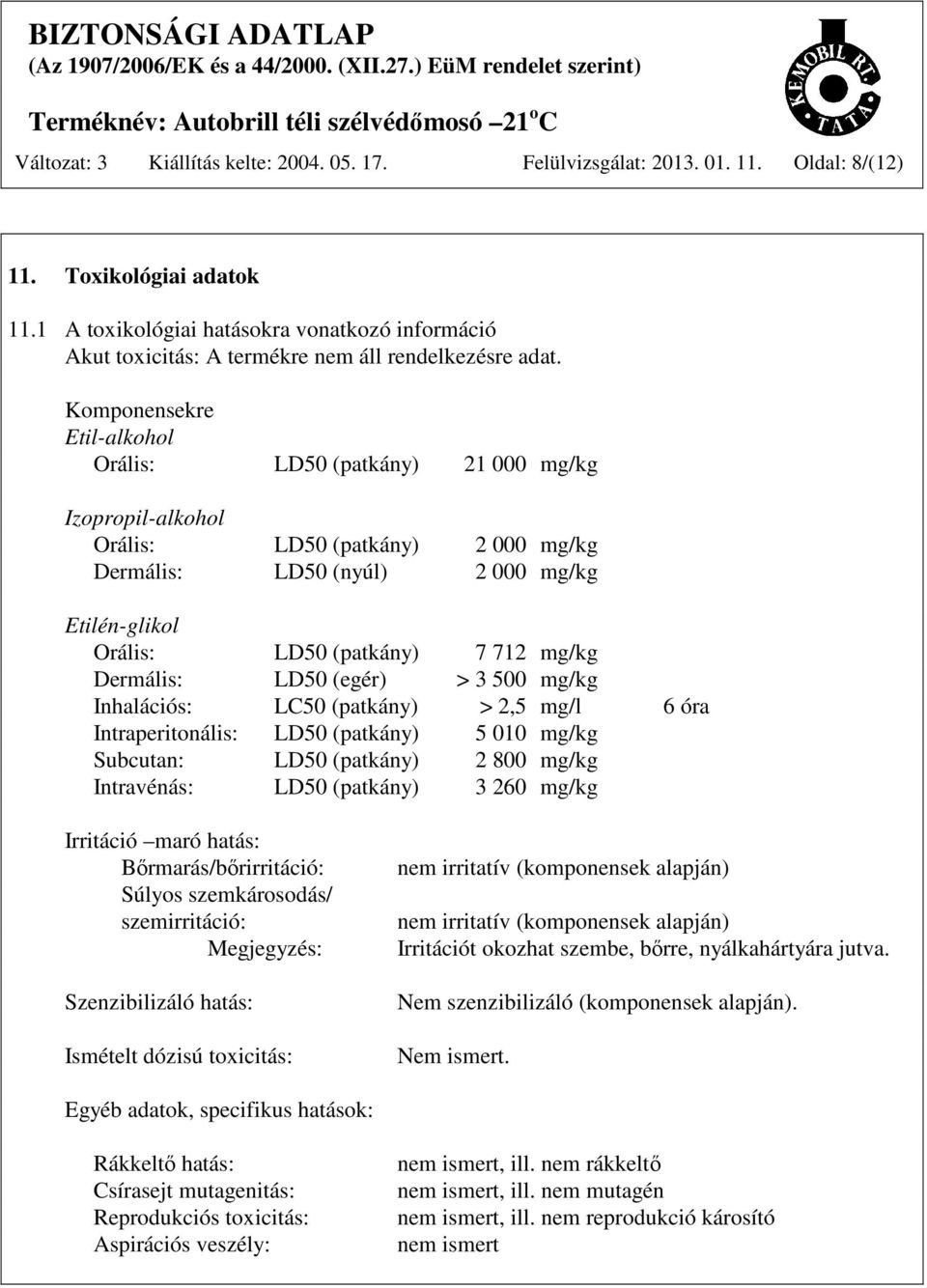 Komponensekre Etil-alkohol Orális: LD50 (patkány) 21 000 mg/kg Izopropil-alkohol Orális: LD50 (patkány) 2 000 mg/kg Dermális: LD50 (nyúl) 2 000 mg/kg Etilén-glikol Orális: LD50 (patkány) 7 712 mg/kg