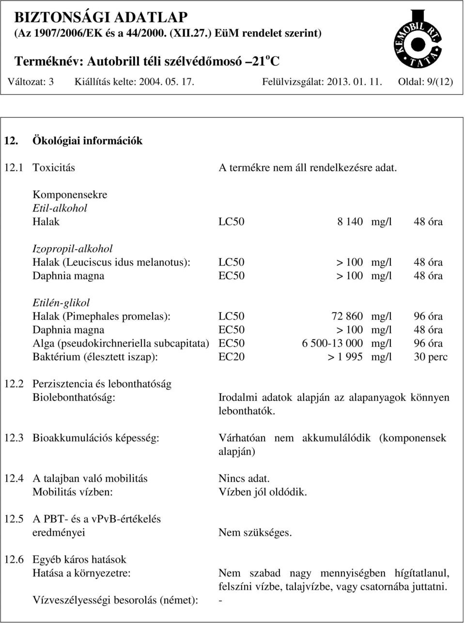 promelas): LC50 72 860 mg/l 96 óra Daphnia magna EC50 > 100 mg/l 48 óra Alga (pseudokirchneriella subcapitata) EC50 6 500-13 000 mg/l 96 óra Baktérium (élesztett iszap): EC20 > 1 995 mg/l 30 perc 12.