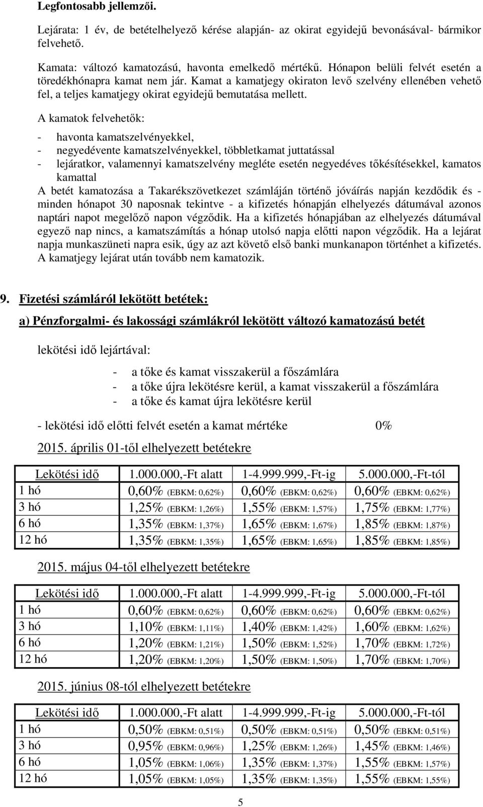 A kamatok felvehetők: - havonta kamatszelvényekkel, - negyedévente kamatszelvényekkel, többletkamat juttatással - lejáratkor, valamennyi kamatszelvény megléte esetén negyedéves tőkésítésekkel,