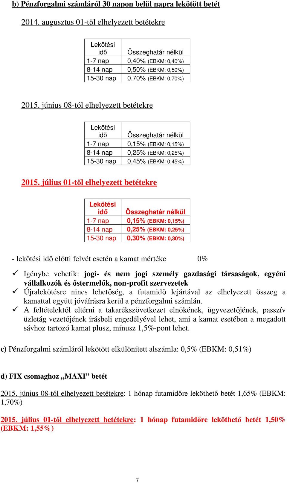 június 08-tól elhelyezett betétekre Lekötési idő Összeghatár nélkül 1-7 nap 0,15% (EBKM: 0,15%) 8-14 nap 0,25% (EBKM: 0,25%) 15-30 nap 0,45% (EBKM: 0,45%) 2015.