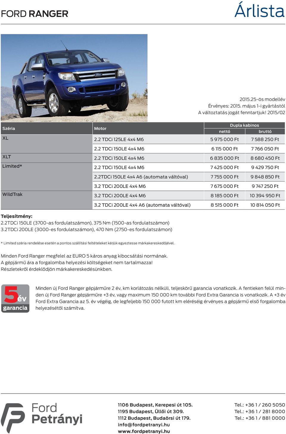 2TDCi 150LE 4x4 A6 (automata váltóval) 7 755 000 Ft 9 848 850 Ft 3.2 TDCi 200LE 4x4 M6 7 675 000 Ft 9 747 250 Ft WildTrak 3.2 TDCi 200LE 4x4 M6 8 185 000 Ft 10 394 950 Ft 3.