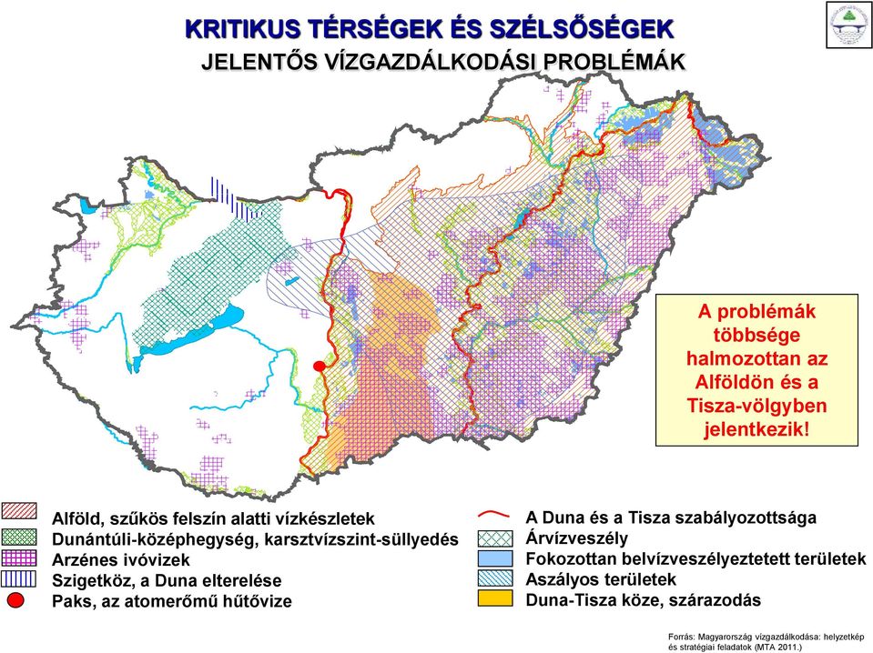Alföld, szűkös felszín alatti vízkészletek Dunántúli-középhegység, karsztvízszint-süllyedés Arzénes ivóvizek Szigetköz, a Duna