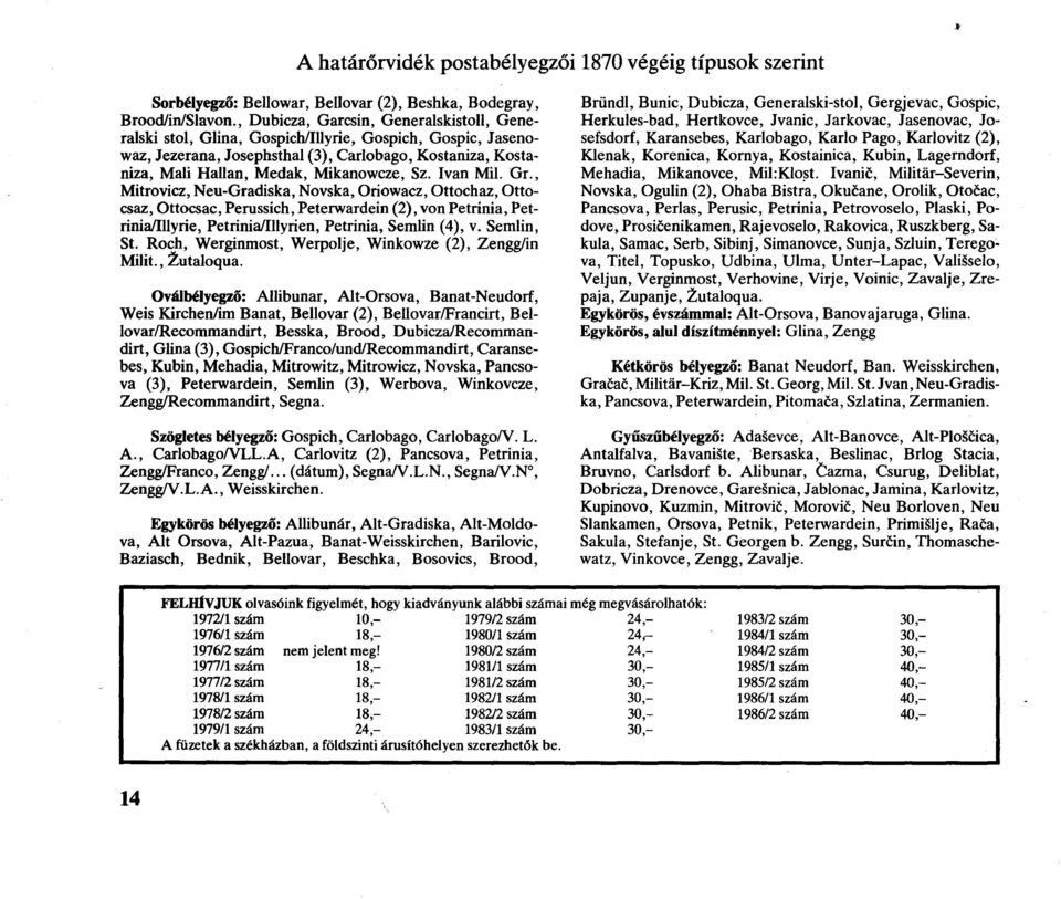 Sz. Iván Mii. G r., Mitrovicz, Neu-Gradiska, Novska, Oriowacz, Ottochaz, Ottocsaz, Ottocsac, Perussich, Peterwardein (2), von Petrinia, Petrinia/Illyrie, Petrinia/Illyrien, Petrinia, Sémiin (4), v.
