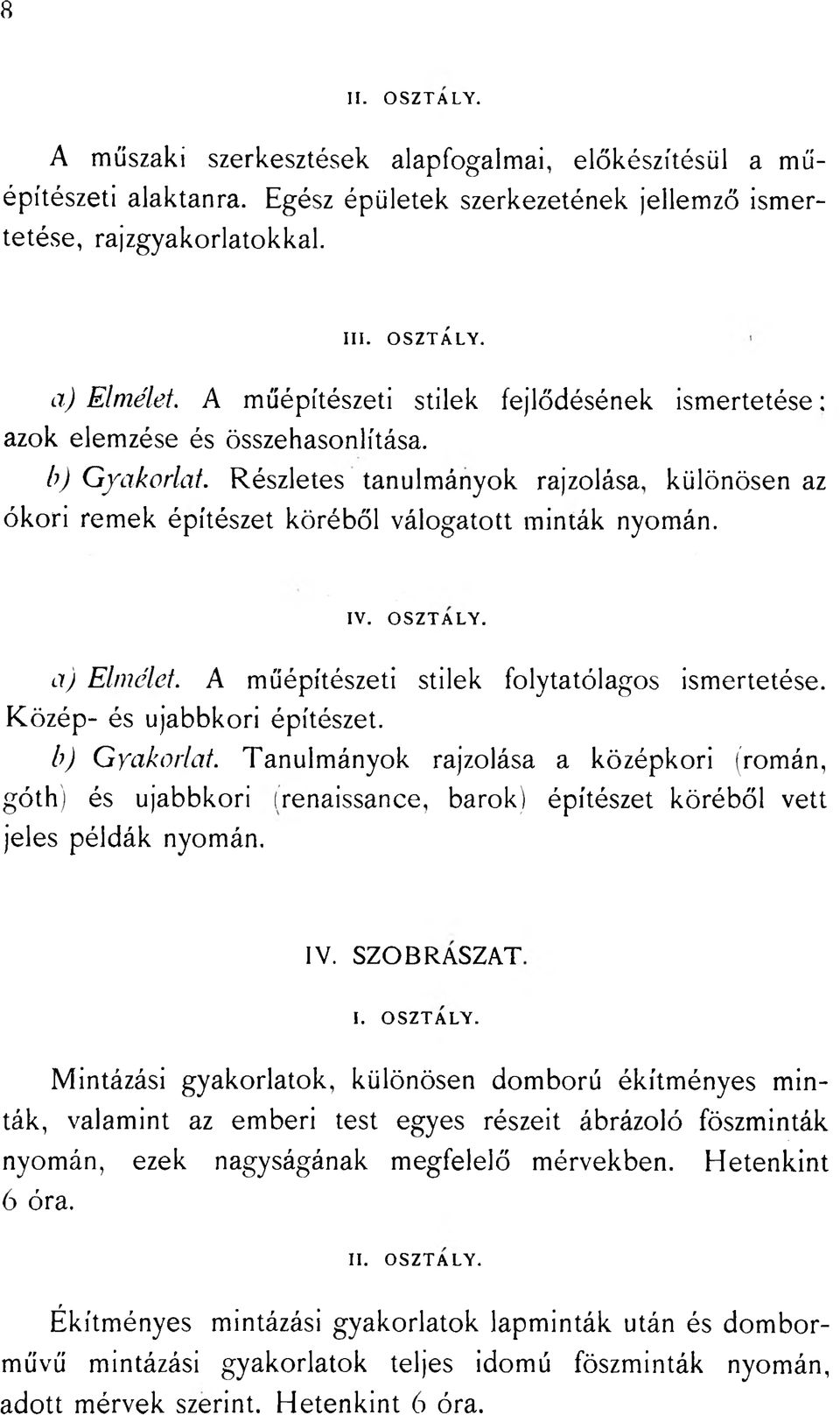 IV. OSZTÁLY. a) Elmélet. A műépítészeti stilek folytatólagos ismertetése. Közép- és ujabbkori építészet. b) Gyakorlat.