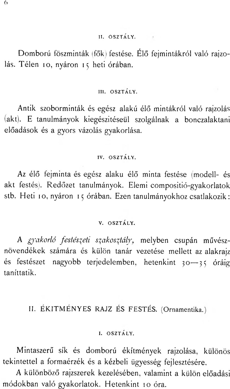 Redőzet tanulmányok. Elemi compositió-gyakorlatok stb. Heti 10, nyáron 15 órában. Ezen tanulmányokhoz csatlakozik: v. OSZTÁLY.