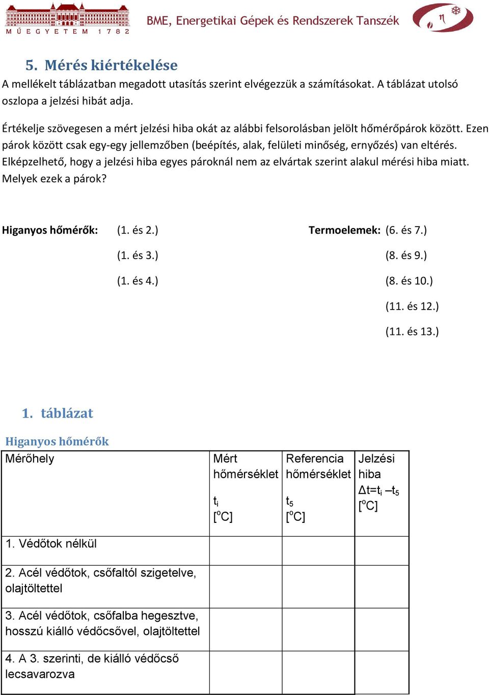 Elképzelhető, hogy a jelzési hiba egyes pároknál nem az elvártak szerint alakul mérési hiba miatt. Melyek ezek a párok? Higanyos hőmérők: (1. és 2.) Termoelemek: (6. és 7.) (1. és 3.) (8. és 9.) (1. és 4.