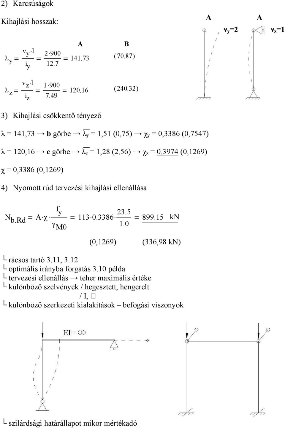 Nomott rúd tervezési kihajlási ellenállása N b. A χ f.5 11 0.86 γ 0 1.0 899.15 kn (0,169) (6,98 kn) rácsos tartó.11,.1 optimális iránba forgatás.