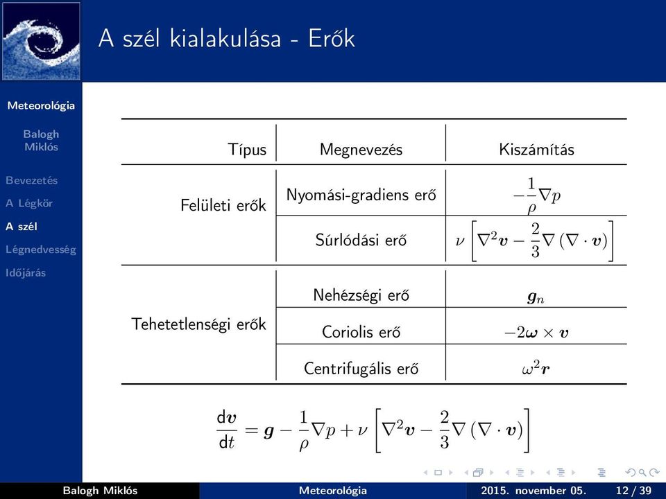 Nehézségi erő g n Tehetetlenségi erők Coriolis erő 2ω v