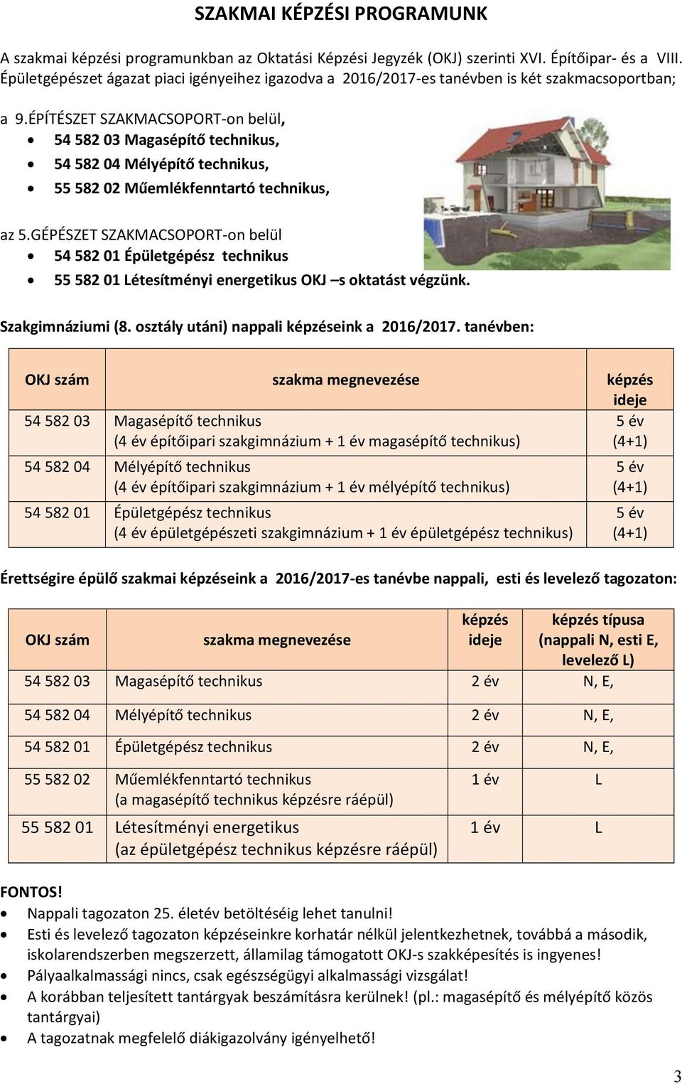 ÉPÍTÉSZET SZAKMACSOPORT-on belül, 54 582 03 Magasépítő technikus, 54 582 04 Mélyépítő technikus, 55 582 02 Műemlékfenntartó technikus, az 5.