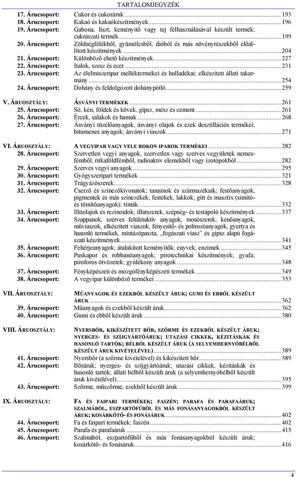 Árucsoport: Italok, szesz és ecet... 231 23. Árucsoport: Az élelmiszeripar melléktermékei és hulladékai; elkészített állati takarmány... 254 24. Árucsoport: Dohány és feldolgozott dohánypótló... 259 V.