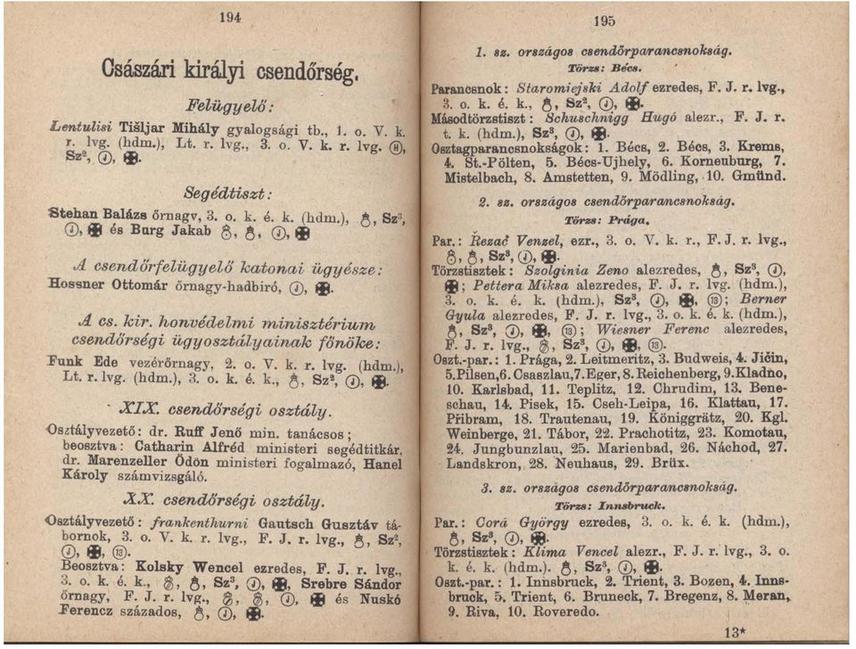 honvédelmi minisztérium csendőrségi ügyosztályainak főnöke: Funk Ede vezérőrnagy, 2. o. V. k. r. lvg. (hdm.), Lt. r.lvg. (hdm.), 3. o. k. é. k., tj, Sz', 0, IB. o XIX. csendőrség i osztály.