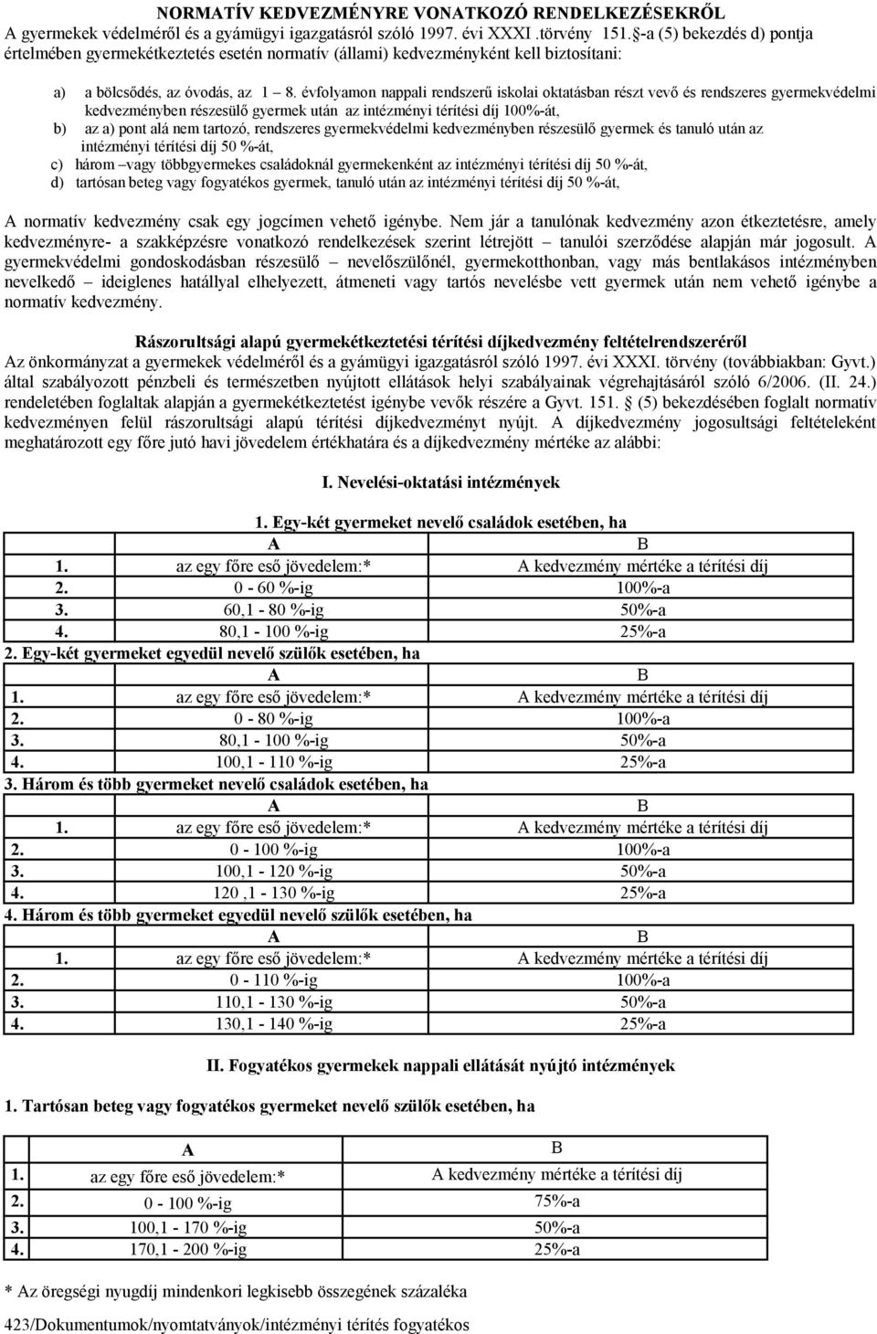 évfolyamon nappali rendszerű iskolai oktatásban részt vevő és rendszeres gyermekvédelmi kedvezményben részesülő gyermek után az intézményi térítési díj 100%-át, b) az a) pont alá nem tartozó,