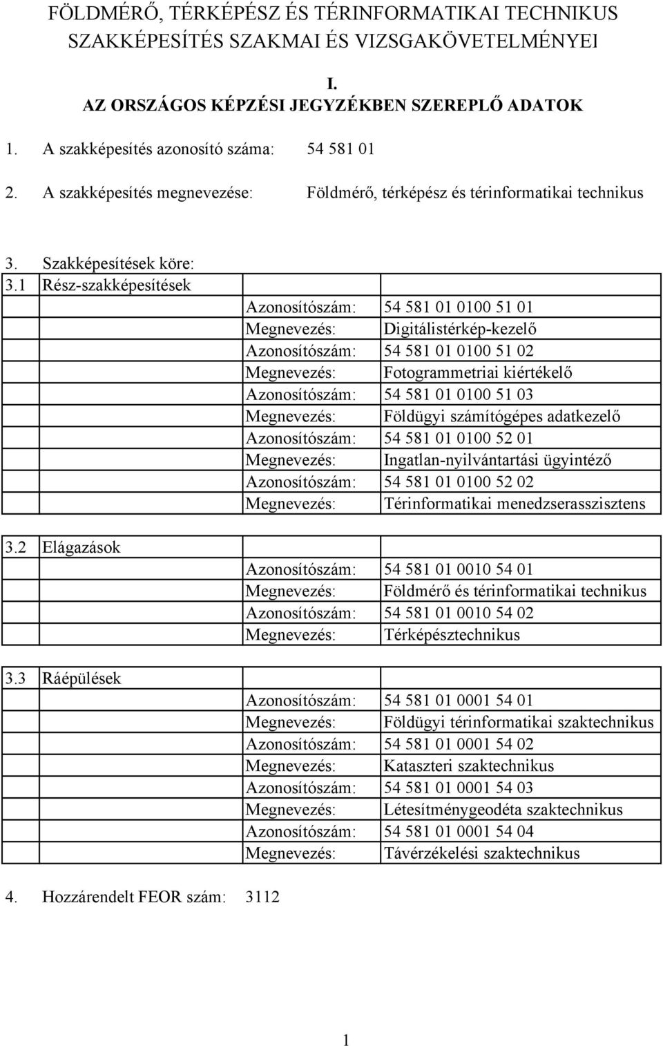 Hozzárendelt FEOR szám: Azonosítószám: 54 581 01 0100 51 01 Megnevezés: Digitálistérképkezelő Azonosítószám: 54 581 01 0100 51 02 Megnevezés: Fotogrammetriai kiértékelő Azonosítószám: 54 581 01 0100