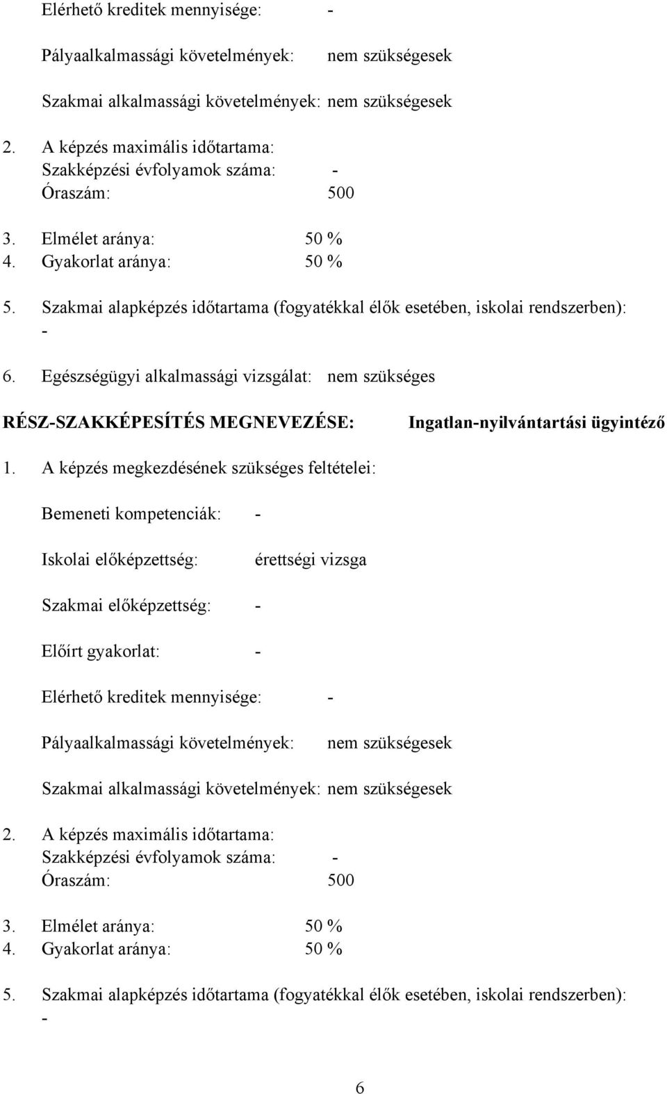 Szakmai alapképzés időtartama (fogyatékkal élők esetében, iskolai rendszerben): 6. Egészségügyi alkalmassági vizsgálat: nem szükséges RÉSZSZAKKÉPESÍTÉS MEGNEVEZÉSE: Ingatlannyilvántartási ügyintéző 1.