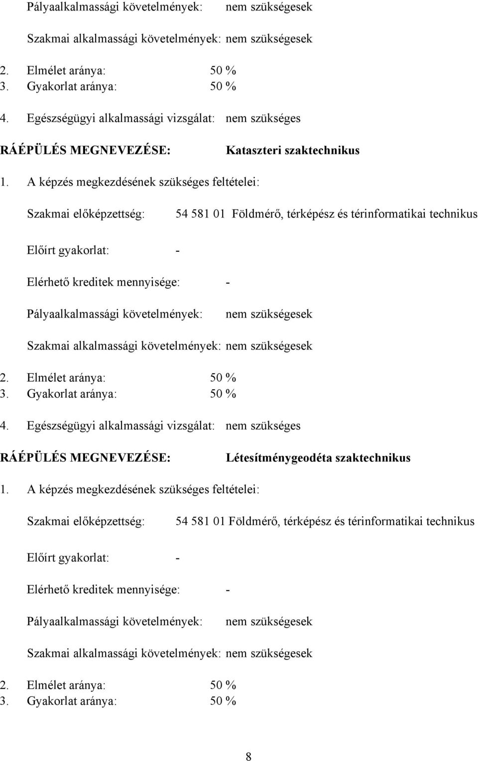 A képzés megkezdésének szükséges feltételei: Szakmai előképzettség: 54 581 01 Földmérő, térképész és térinformatikai technikus Előírt gyakorlat: Elérhető kreditek mennyisége:  Egészségügyi