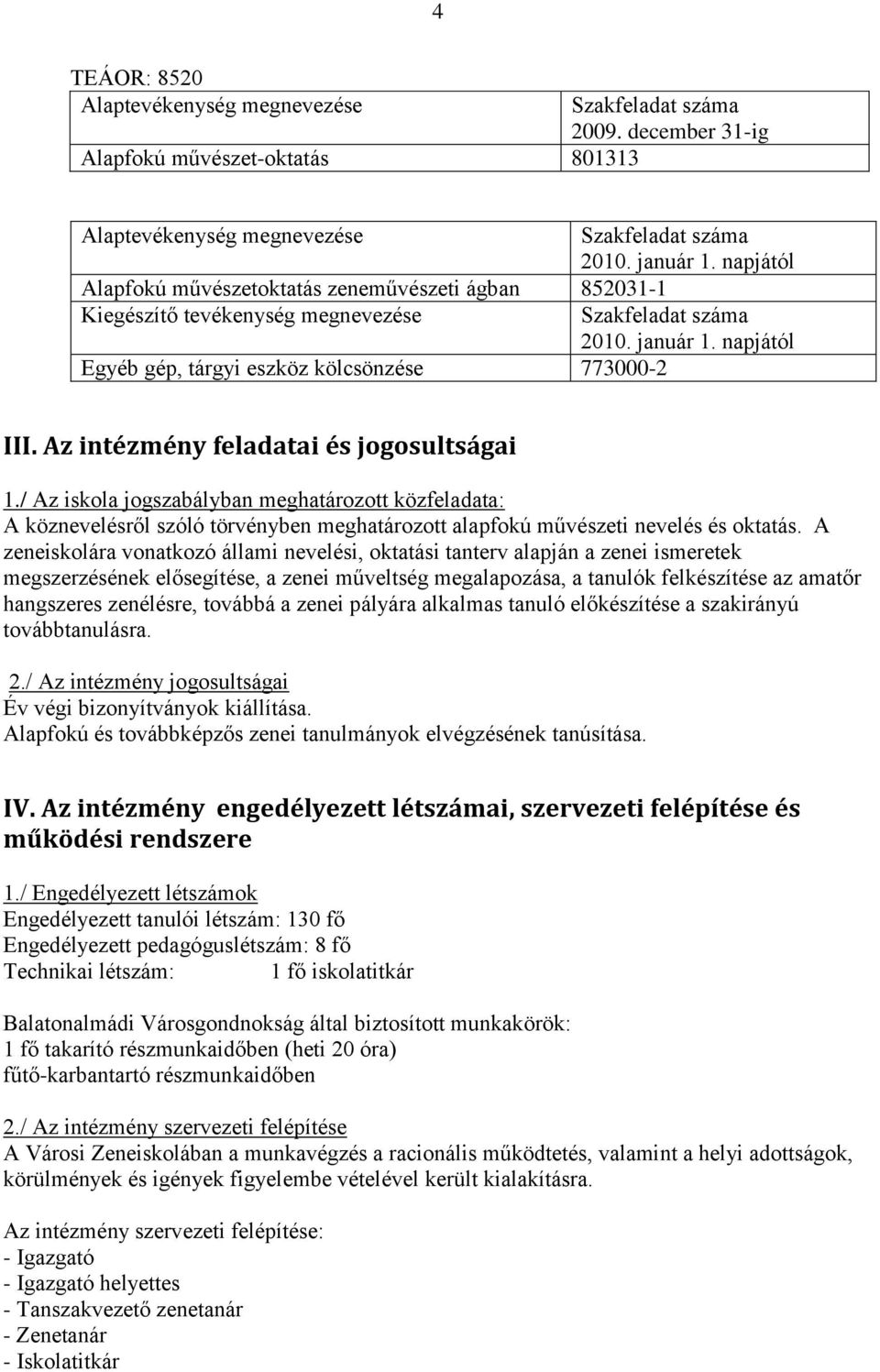 2010. január 1. napjától Szakfeladat száma 2010. január 1. napjától III. Az intézmény feladatai és jogosultságai 1.