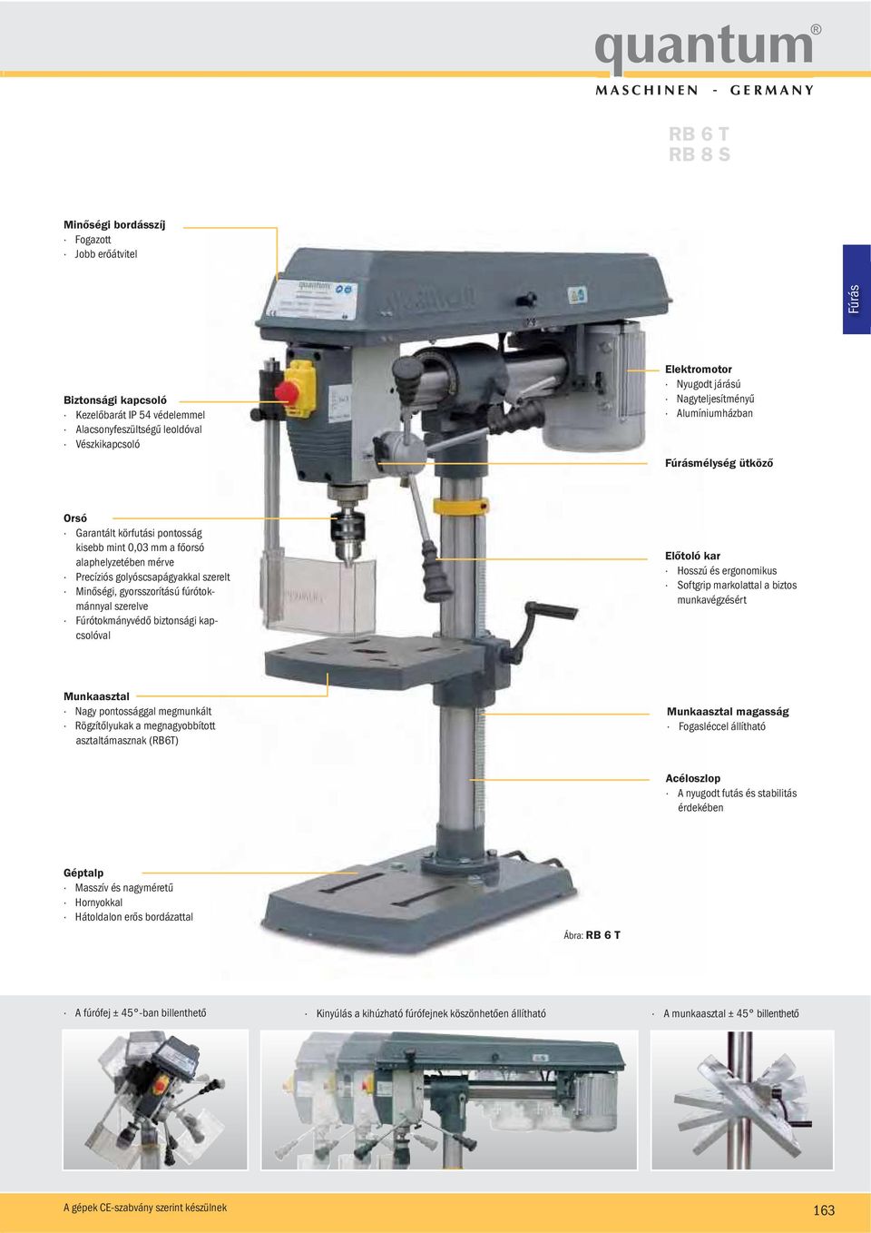 gyorsszorítású fúrótokmánnyal szerelve Fúrótokmányvédő biztonsági kapcsolóval Előtoló kar Hosszú és ergonomikus Softgrip markolattal a biztos munkavégzésért Munkaasztal Nagy pontossággal megmunkált