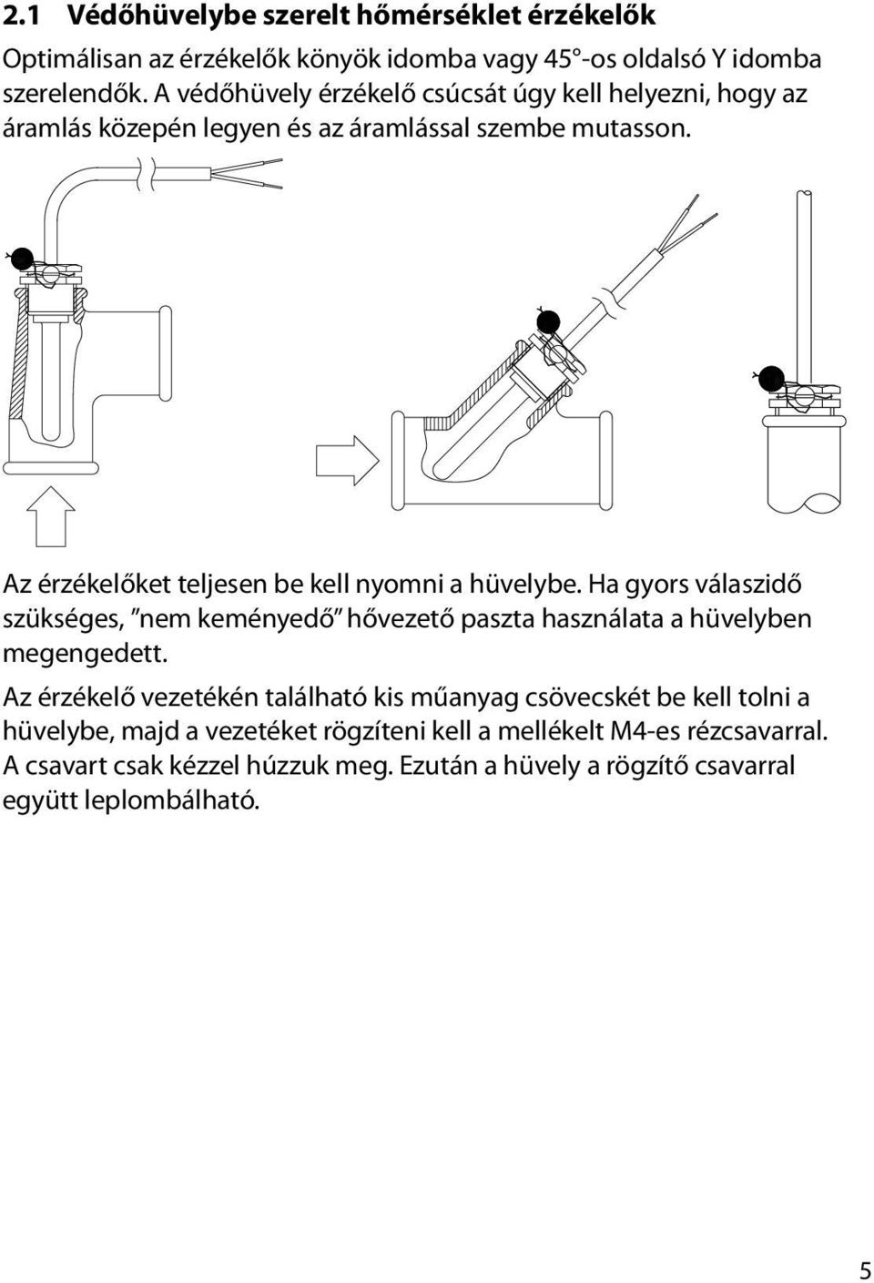 Az érzékelőket teljesen be kell nyomni a hüvelybe. Ha gyors válaszidő szükséges, nem keményedő hővezető paszta használata a hüvelyben megengedett.