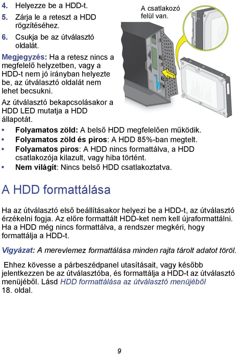 Az útválasztó bekapcsolásakor a HDD LED mutatja a HDD állapotát. Folyamatos zöld: A belső HDD megfelelően működik. Folyamatos zöld és piros: A HDD 85%-ban megtelt.