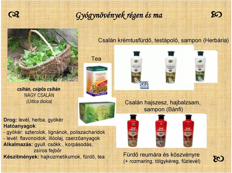 flavonoidok, illóolaj, cserzőanyagok Alkalmazás: gyull. csökk.