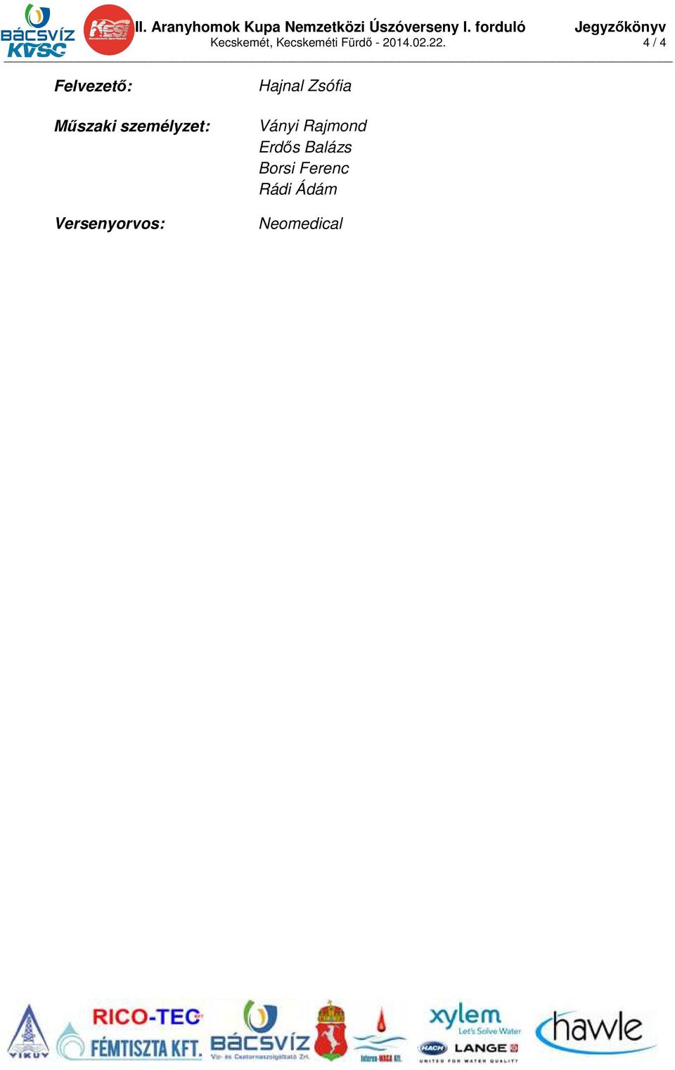 22. 4 / 4 Felvezető: Műszaki személyzet: Versenyorvos: