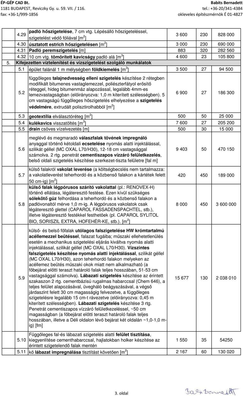 tömörített kavicságy padló alá [m 3 ] 4 600 23 105 800 Kifejezetten víztelenítést és vízszigetelést szolgáló munkálatok 5.1 épület falánál 1 m mélységben földkiemelés [m 3 ] 3 500 27 94 500 5.