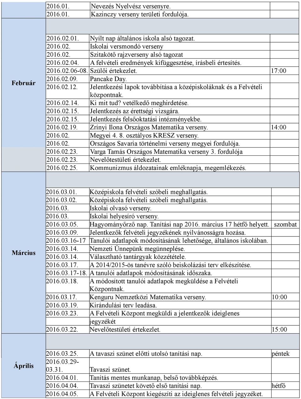 Jelentkezési lapok továbbítása a középiskoláknak és a Felvételi központnak. 2016.02.14. Ki mit tud? vetélkedő meghirdetése. 2016.02.15. Jelentkezés az érettségi vizsgára. 2016.02.15. Jelentkezés felsőoktatási intézményekbe.