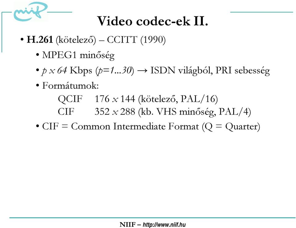 ..30) ISDN világból, PRI sebesség Formátumok: QCIF 176 x 144