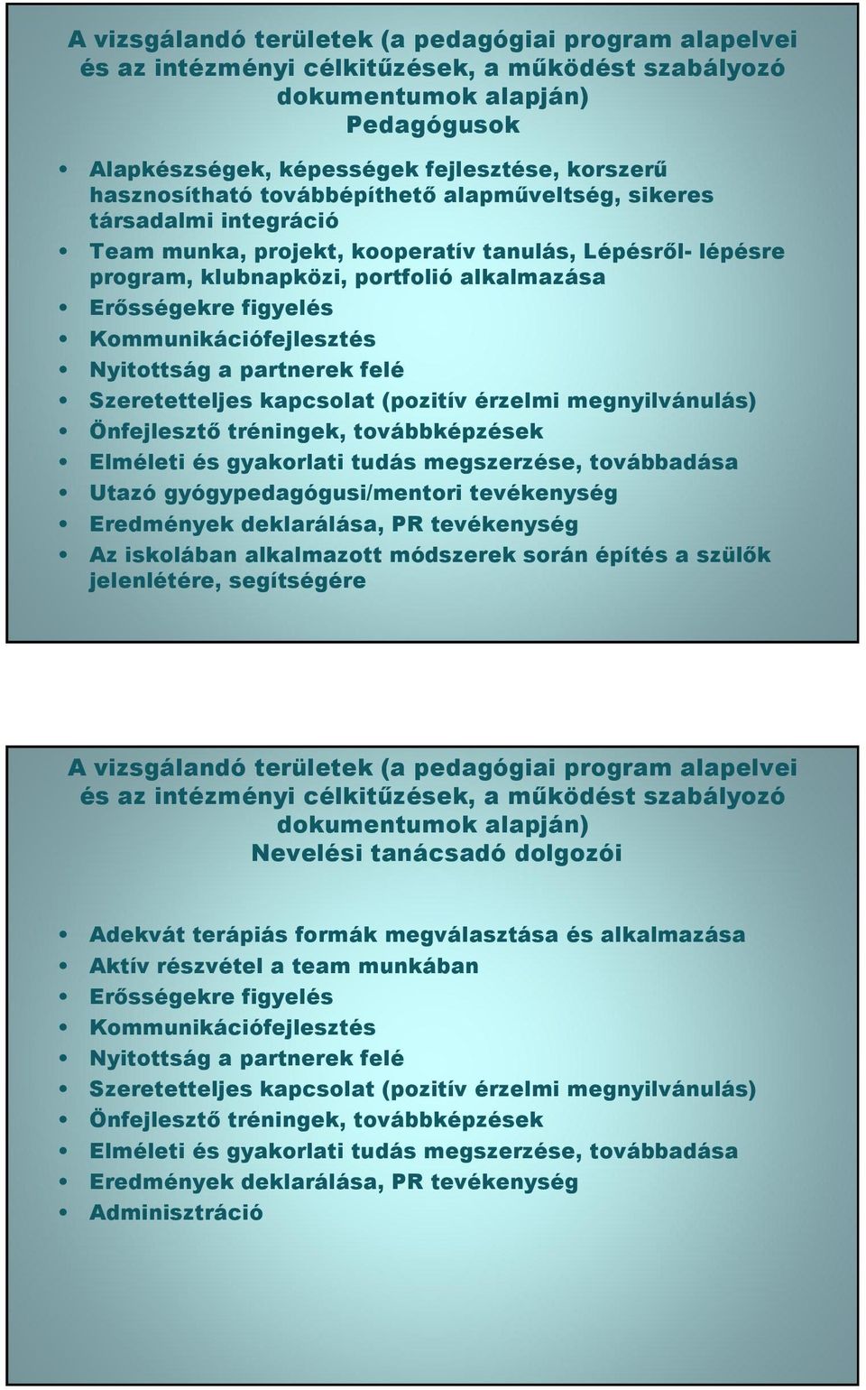 Kommunikációfejlesztés Nyitottság a partnerek felé Szeretetteljes kapcsolat (pozitív érzelmi megnyilvánulás) Önfejleszt tréningek, továbbképzések Elméleti és gyakorlati tudás megszerzése, továbbadása