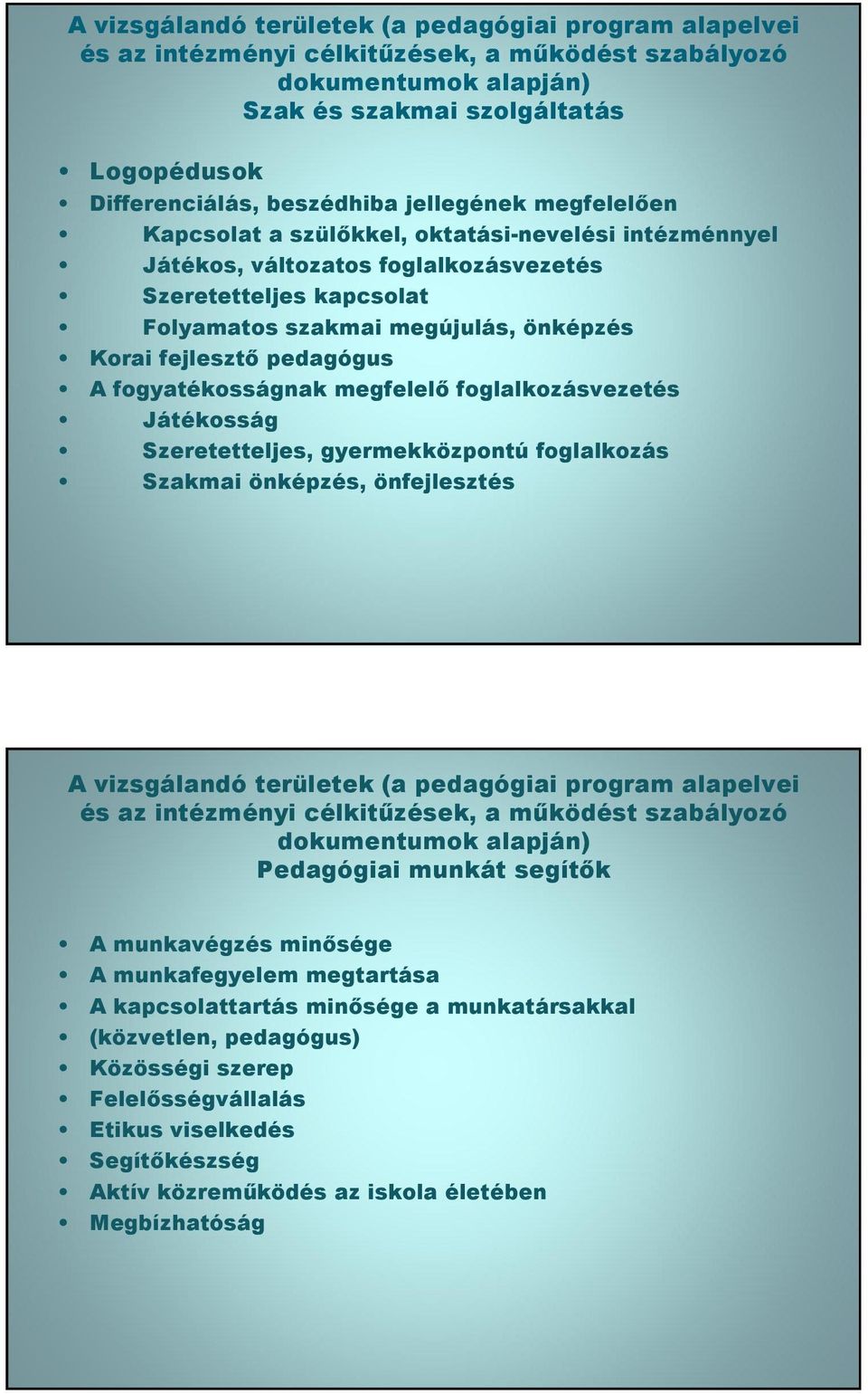 pedagógus fogyatékosságnak megfelel foglalkozásvezetés Játékosság Szeretetteljes, gyermekközpontú foglalkozás Szakmai önképzés, önfejlesztés vizsgálandó területek (a pedagógiai program alapelvei és