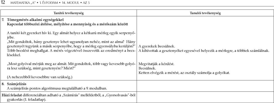 Hány gesztenyét tegyünk a másik serpenyőbe, hogy a mérleg egyensúlyba kerüljön? Több becslést meghallgat. A mérés végeztével összevetik az eredményt a becslésekkel. Most golyóval mérjük meg az almát.