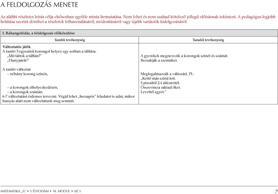 Ráhangolódás, a feldolgozás előkészítése Tanítói tevékenység Változtatós játék A tanító 5 egyszínű korongot helyez egy sorban a táblára. Mit láttok a táblán? Hunyjatok!