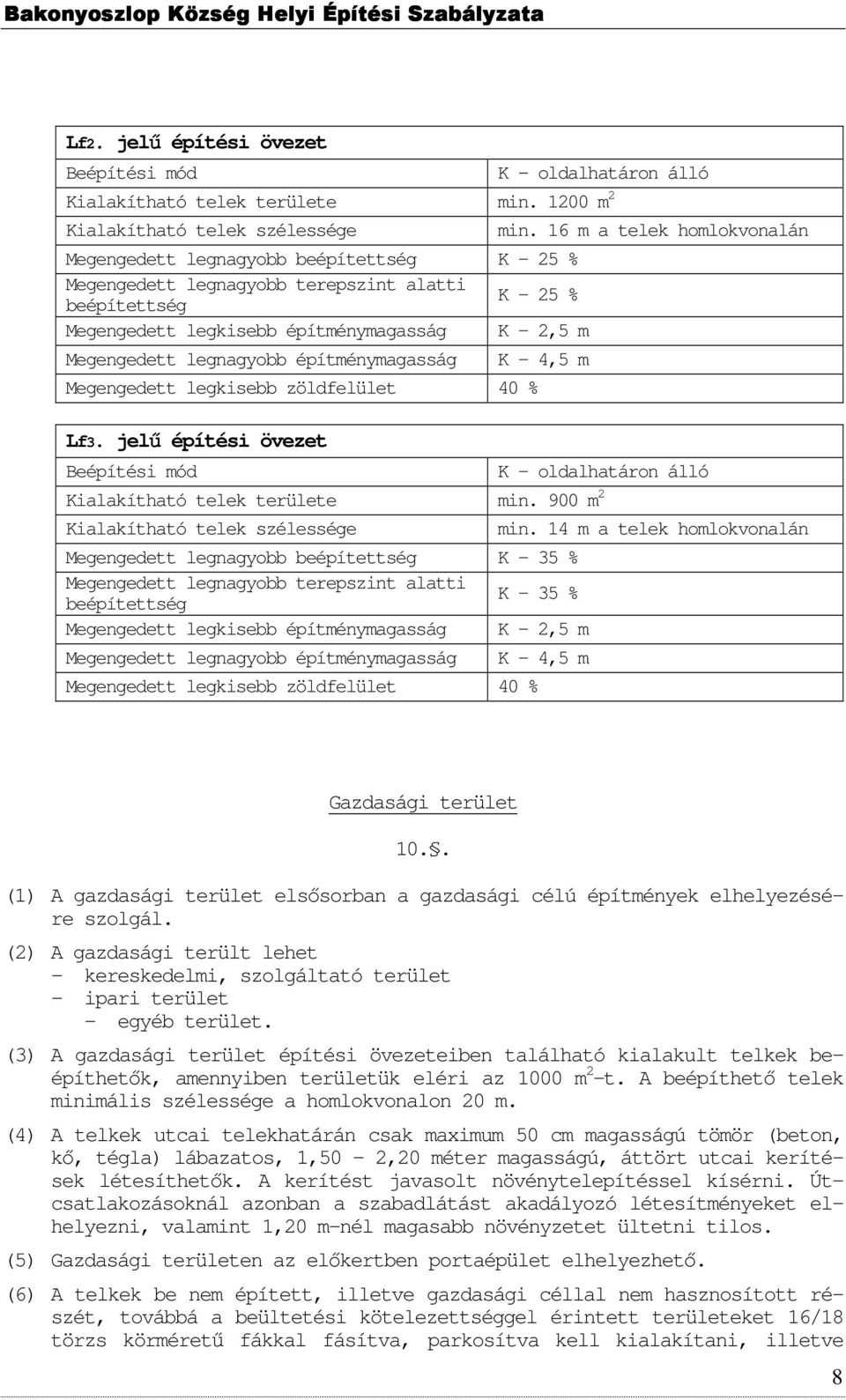 legnagyobb építménymagasság K 4,5 m Megengedett legkisebb zöldfelület 40 % Lf3. jelő építési övezet Beépítési mód K oldalhatáron álló Kialakítható telek területe min.