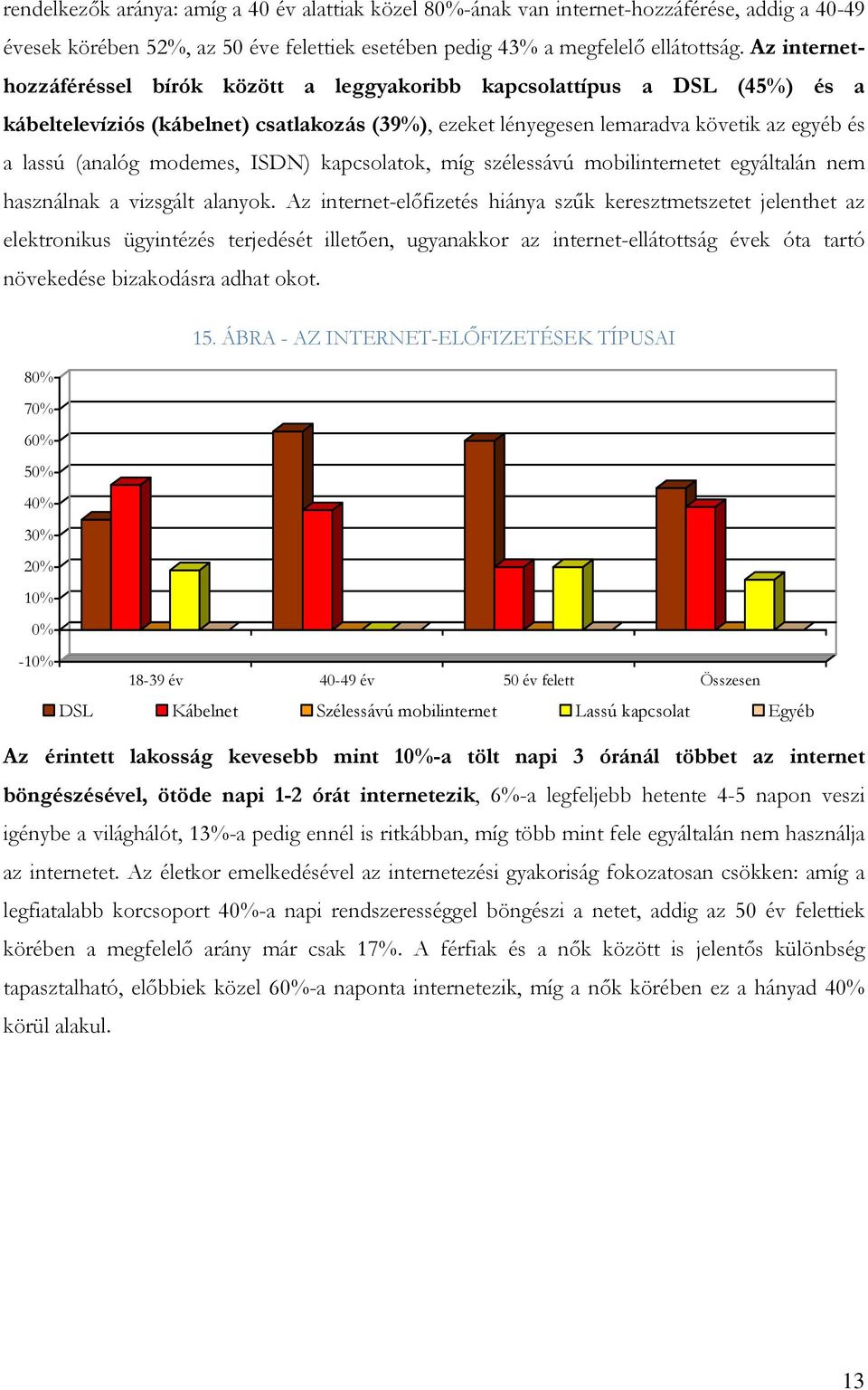 modemes, ISDN) kapcsolatok, míg szélessávú mobilinternetet egyáltalán nem használnak a vizsgált alanyok.