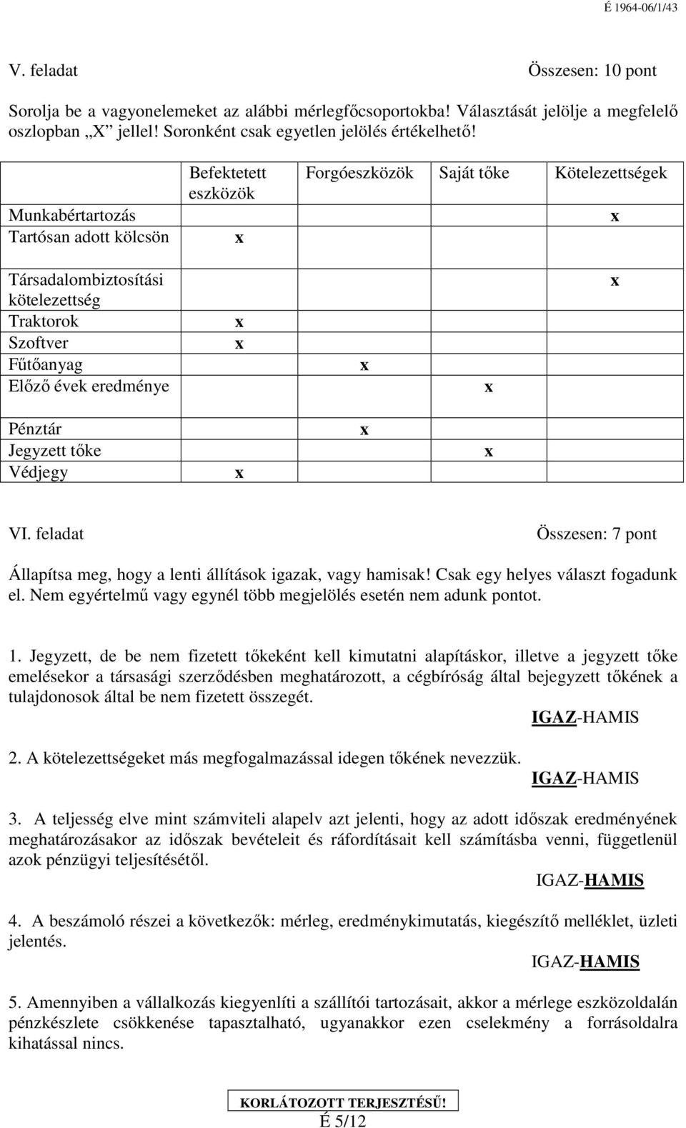 Jegyzett tőke Védjegy VI. feladat Összesen: 7 pont Állapítsa meg, hogy a lenti állítások igazak, vagy hamisak! Csak egy helyes választ fogadunk el.